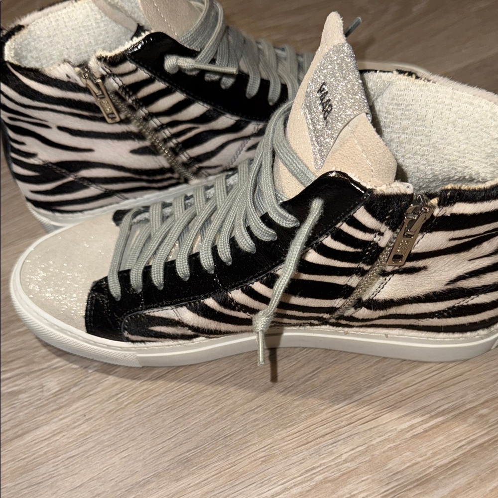 P448 Skate Sneaker Women's Zebra Pony Hair High Top Glitter - Picture 7 of 7